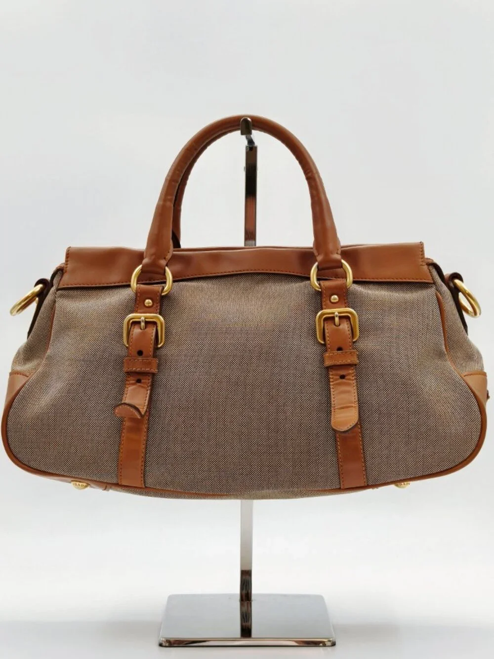 Prada Canapa Canvas Leather Satchel Handbag Brown Logo Top Handle Bag